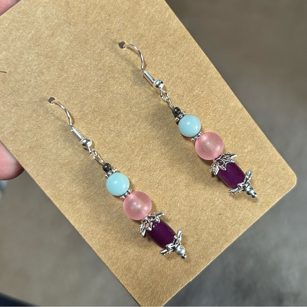 Handcrafted salvaged vintage bead cat eye glass faceted hematite earrings
